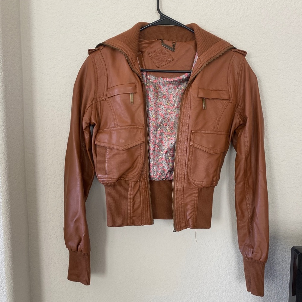 Brown Faux leather bomber jacket